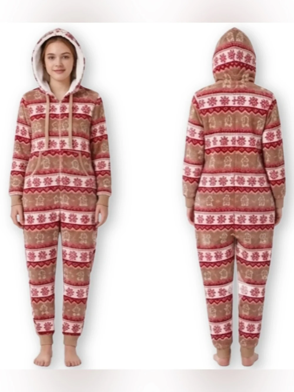 Holiday Time Womens XS 0-2 One Piece Pajamas Gingerbread Snowflake Hooded Fleece